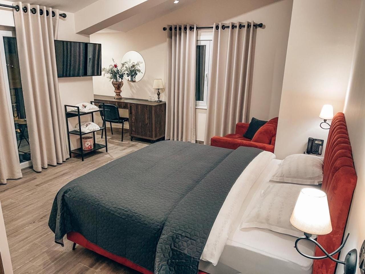 Bed with a red armchair