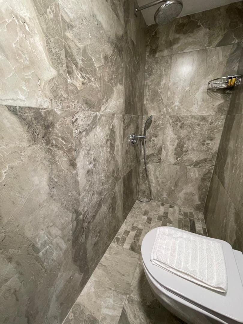 Bathroom with a stone wall